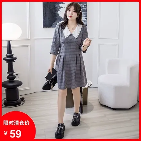 2024年秋季新款法式甜美娃娃领格子A字版连衣裙显瘦遮肉大码胖MM商品大图