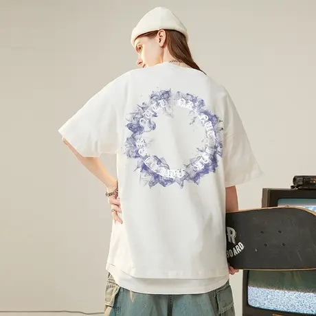 欧美高街大码字母印花短袖T恤男潮牌ins宽松加肥加大夏季半截袖潮商品大图