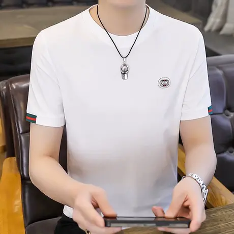 圆领T恤男短袖潮流印花烫钻冰丝白色修身半袖打底衫纯棉男装上衣商品大图