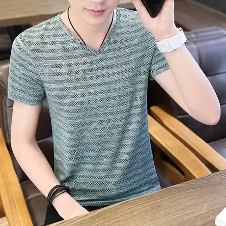 男士短袖T恤V领2023新款夏季青年冰丝半袖体恤韩版休闲男装上衣服商品大图