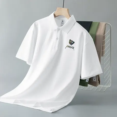 短袖t恤男2024新款冰丝凉感翻领polo衫夏季有领半袖白色小熊体恤图片