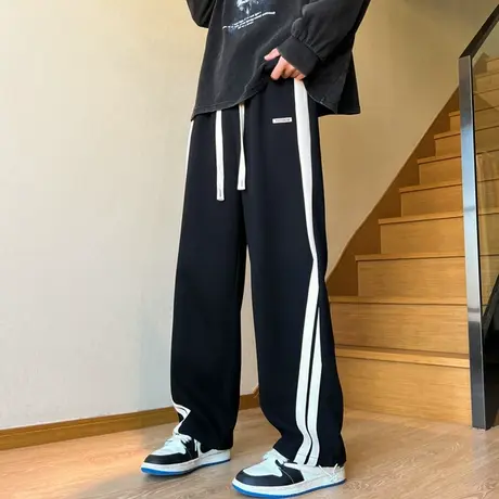 冰丝条纹卫裤男夏季薄款潮牌宽松阔腿裤高街休闲抽绳束脚运动长裤图片