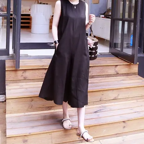 2018夏装新棉麻阔腿连体裤女韩版无袖背心宽松大码七分连衣裤女潮图片