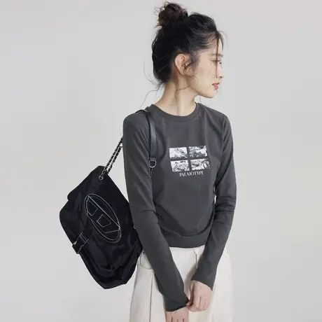 尔给显瘦美式复古长袖t恤女2023秋季新款印花小个子短款甜辣上衣商品大图