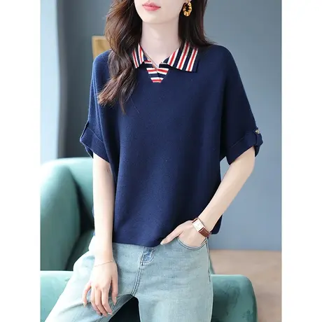 宝诗黎2023年秋季新款拼接翻领蝙蝠短袖针织衫女时尚宽松羊毛上衣商品大图