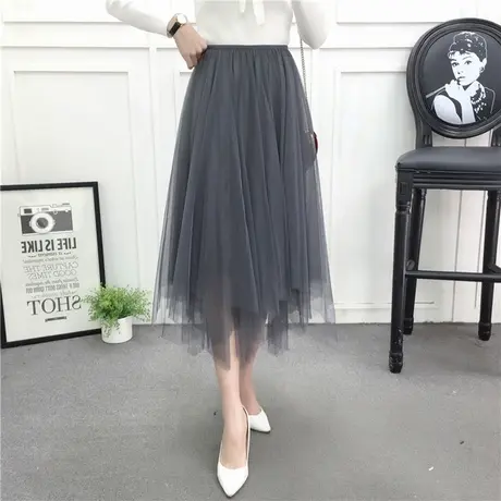 裙子春秋新款女韩版不规则网纱裙半身裙中长款裙百褶裙女灰06图片