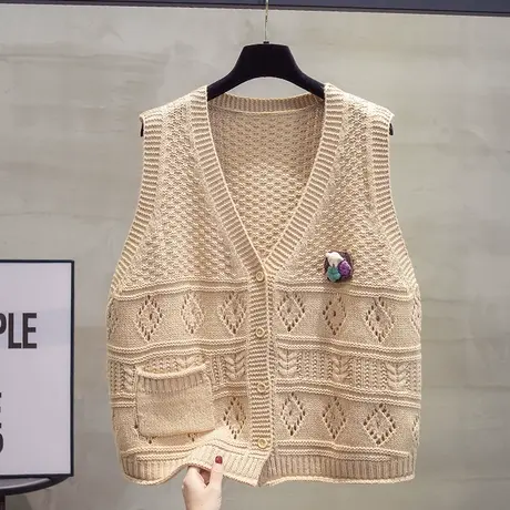 镂空v领针织开衫马甲背心女2023秋装新款宽松外穿马夹毛衣坎肩潮商品大图