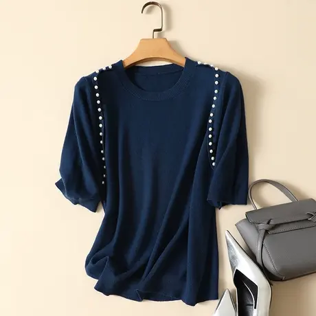 羊毛低圆领毛衣女春装2024年新款五分袖针织上衣宽松套头打底衫女商品大图