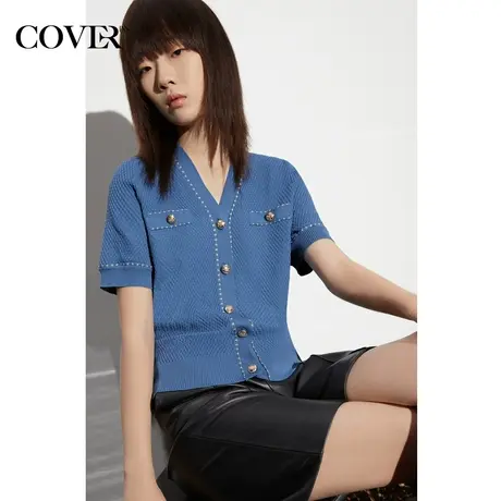 COVER夏季V领镶边小香风针织衫商品大图