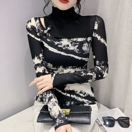 半高领镂空打底衫女春装扎染印花气质漂亮T恤显瘦修身性感上衣ins图片