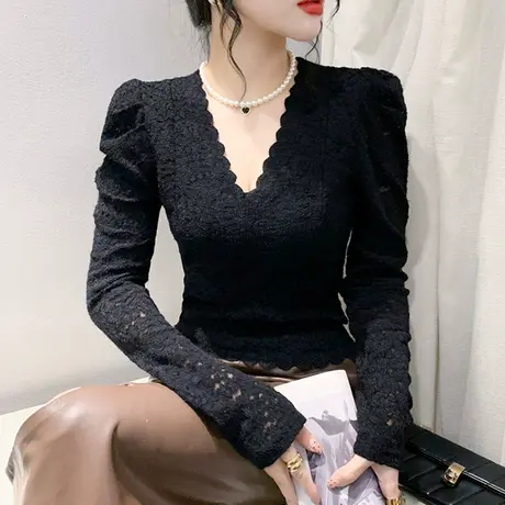 性感泡泡袖加绒加厚上衣气质V领短款T恤女长袖洋气修身套头打底衫图片