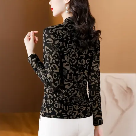 打底衫女长袖2023秋冬新款洋气扎染印花V领高级感欧货网纱上衣薄图片