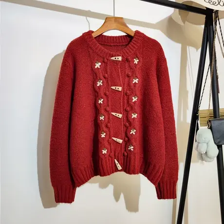 刺绣花朵红色毛衣外套女秋冬2023新款宽松圆领牛角扣针织开衫上衣商品大图