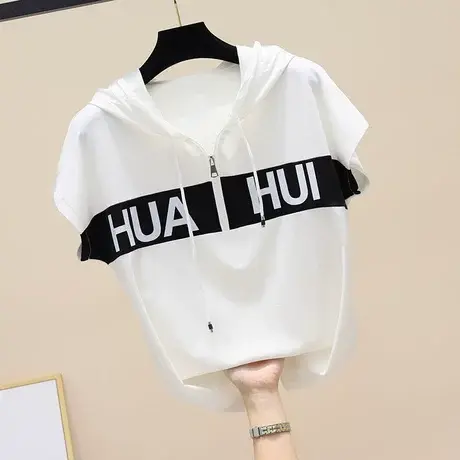 连帽拉链字母短袖t恤衫夏装新款运动风上衣撞色拼接显瘦体恤衫潮图片