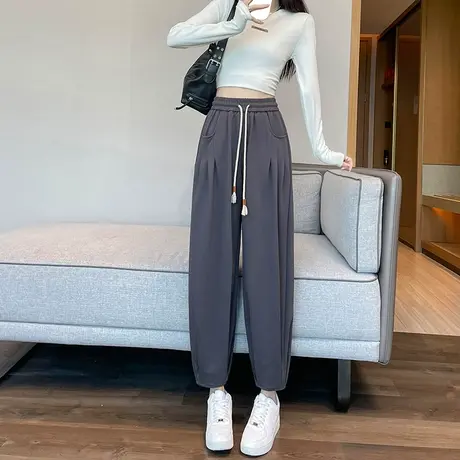 阔腿束脚直筒哈伦裤女秋季新款高腰宽松显瘦松紧腰抽绳休闲灯笼裤商品大图