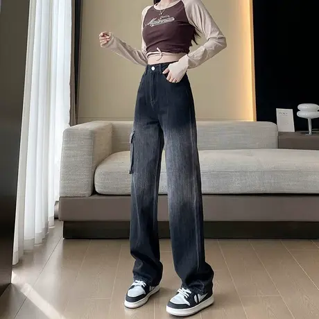 复古黑色渐变牛仔工装裤女秋季2023新款高腰宽松显瘦直筒阔腿裤子商品大图