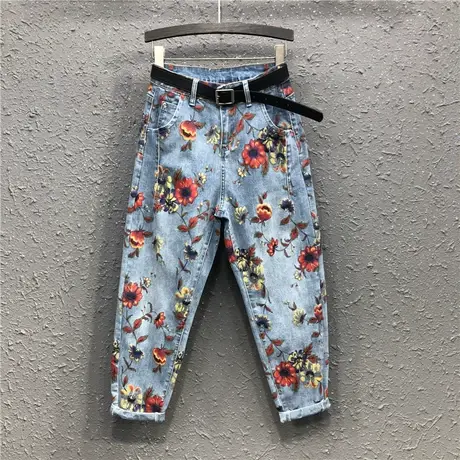 牛仔哈伦裤子欧洲站女潮个性ins港味花朵印花高腰宽松显瘦老爹裤图片