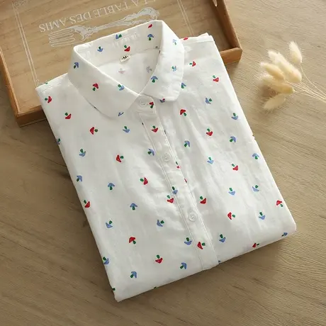 秋装日系文艺小清新印花双层纱纯棉长袖白衬衫女宽松百搭打底上衣商品大图