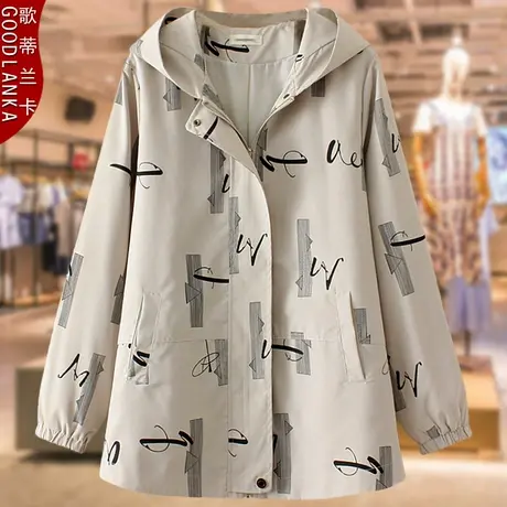 40-50岁中年妈妈秋装风衣女200斤大码宽松显瘦中长款连帽休闲外套商品大图