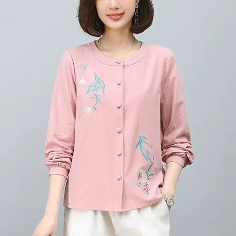 中老年妈妈纯棉长袖衬衫女装春秋加大码宽松休闲刺绣显瘦开衫外套图片
