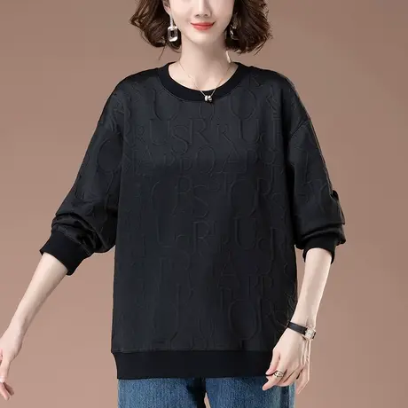 圆领卫衣女春秋薄款宽松加肥加大码女装中年妈妈洋气提花显瘦上衣图片