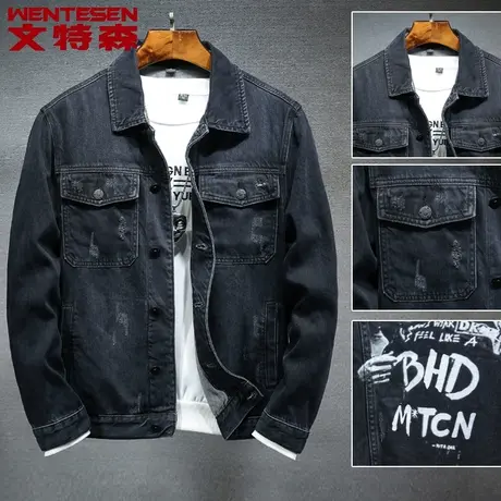 2023春季新款黑色印花牛仔外套男修身韩版潮流青年牛仔褂外穿夹克商品大图