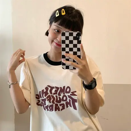 红续港风休闲撞色短袖T恤女2023年夏新款小众设计纯棉圆领上衣薄图片