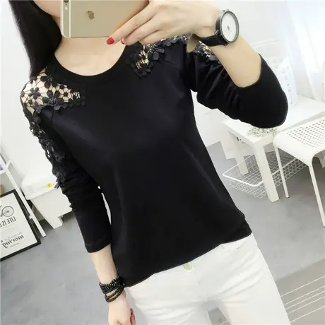 长袖t恤女外穿秋衣宽松钩花蕾丝镂空打底衫女长袖秋冬纯色上衣潮商品大图