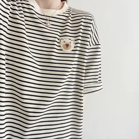韩版条纹短袖t恤女ins新款宽松大码复古chic夏季别致休闲纯棉上衣商品大图