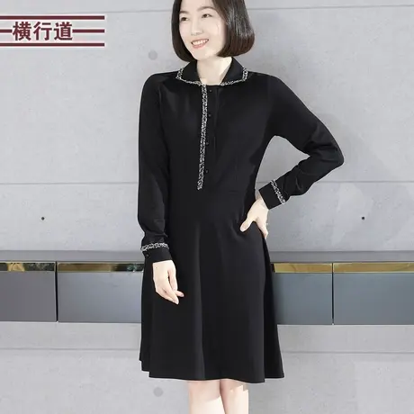 2024春季新款连衣裙女装黑色翻领中年妈妈长袖中长款大码包臀裙子图片