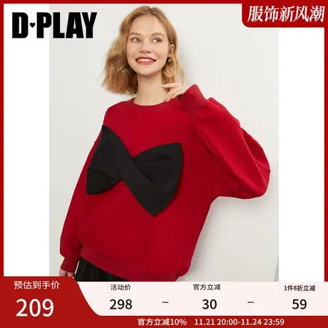 DPLAY德帕拉秋装款圆领复古新年红蝴蝶结装饰抓绒卫衣商品大图