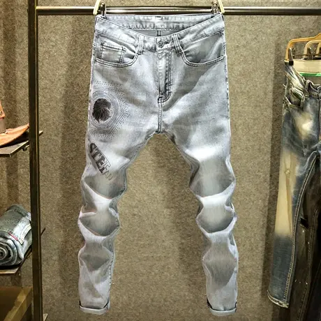 高端灰色轻奢牛仔裤男款百搭修身小脚裤夏季鹰头图案印花长裤薄款商品大图