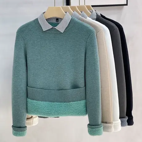 秋冬季保暖毛衣男一体加绒加厚假两件衬衫领商务休闲保暖针织衫商品大图