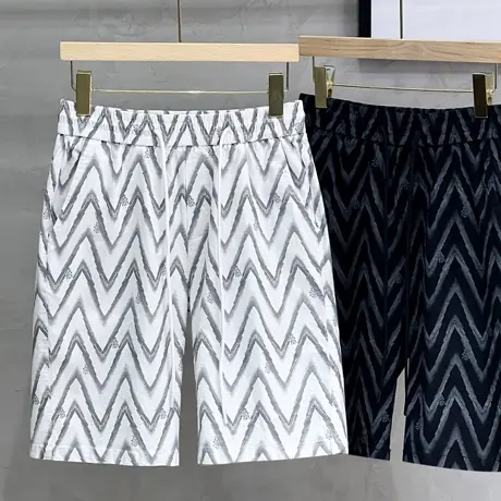 夏季休闲短裤男半裤波浪条纹印花运动中裤新款韩版潮流五分沙滩裤商品大图