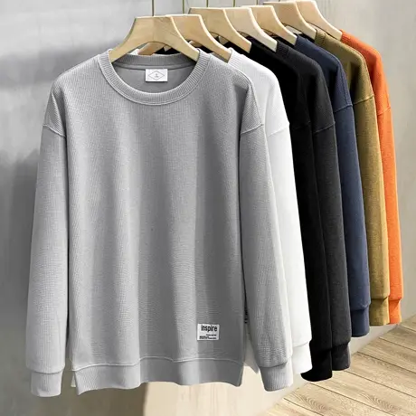 华夫格男士长袖T恤宽松潮流纯色贴标体恤秋季打底衫圆领卫衣男潮图片