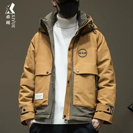 希越新国标90%白鸭绒羽绒服男连帽外套冬季宽松大码拼接工装潮流商品大图