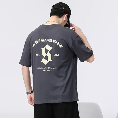 纯棉后背面印花字母t恤男士夏季圆领短袖男款体恤衫男装半袖上衣商品大图