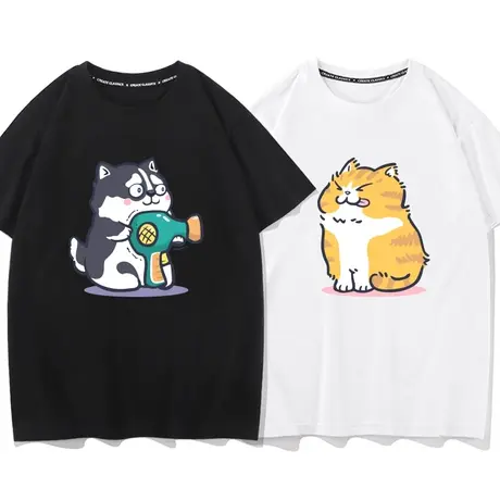 秀洛吹吹风猫狗 夏季新款情侣装痛衣可爱宽松全棉情侣短袖T恤图片