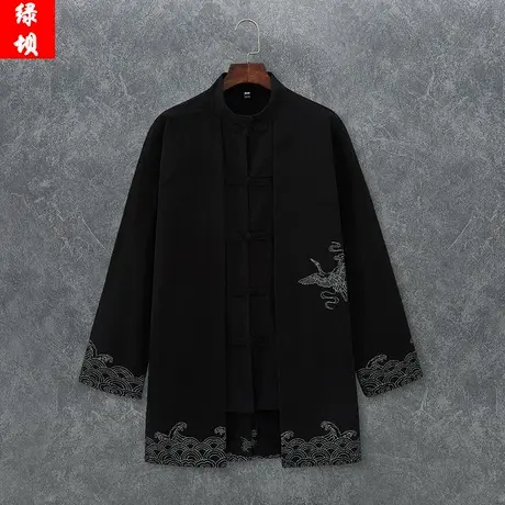 中长款春秋男士夹克外套亚麻上衣中国风印花复古盘扣男装棉麻风衣商品大图