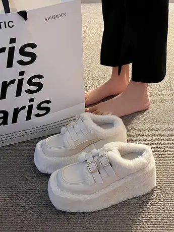 超火毛毛拖鞋女外穿秋冬2023新款坡跟松糕厚底增高小个子包头棉拖商品大图