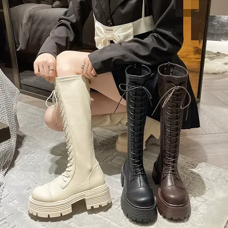 长筒靴女2023年新款春秋季不过膝长靴系带马丁骑士靴高筒靴子女鞋图片