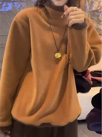 冬季时尚拼色高领加绒卫衣女保暖双面奥利绒套头上衣镶色内搭绒衫商品大图