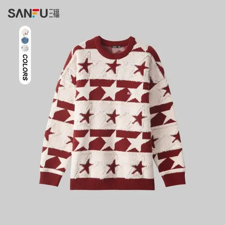 三福2023冬满版条纹立体星星毛衣 美式休闲圆领上衣男479617图片