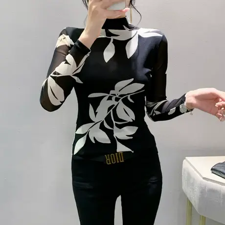 欧货半高领打底衫长袖性感网纱印花时尚气质内塔上衣女修身T恤ins商品大图