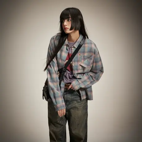 设计感复古潮牌格子衬衫女2024年新款春装情侣装衬衣宽松oversize商品大图