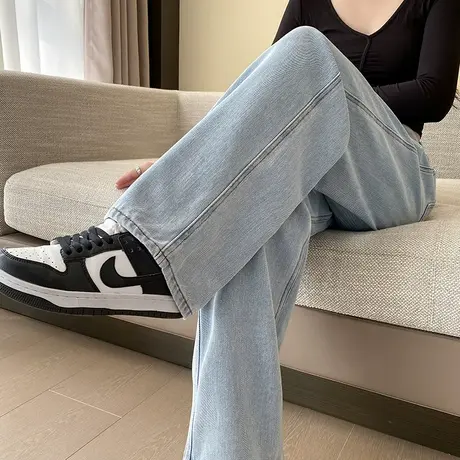 复古直筒牛仔裤女春秋新款高腰显瘦垂感拖地加绒百搭窄版阔腿裤子商品大图