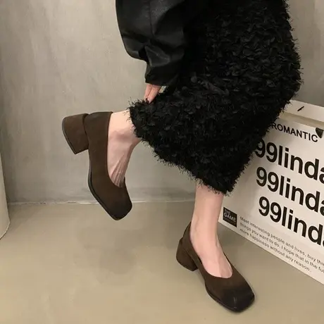 法式粗跟黑色方头气质单鞋女鞋子2024年新款复古浅口晚晚风高跟鞋图片