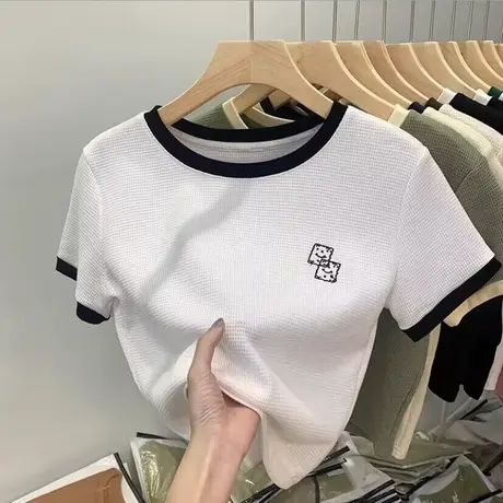 撞色拼接华夫格短袖T恤女夏天修身显瘦韩版百搭短款正肩上衣体恤商品大图
