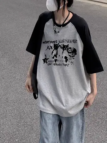 撞色插肩袖纯棉短袖t恤女夏季2023新款美式复古宽松半袖潮牌上衣商品大图