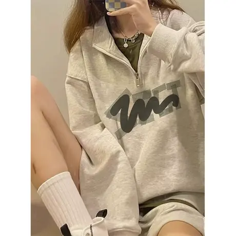 polo领半拉链卫衣女春秋薄款宽松慵懒风小众翻领上衣大码oversize图片